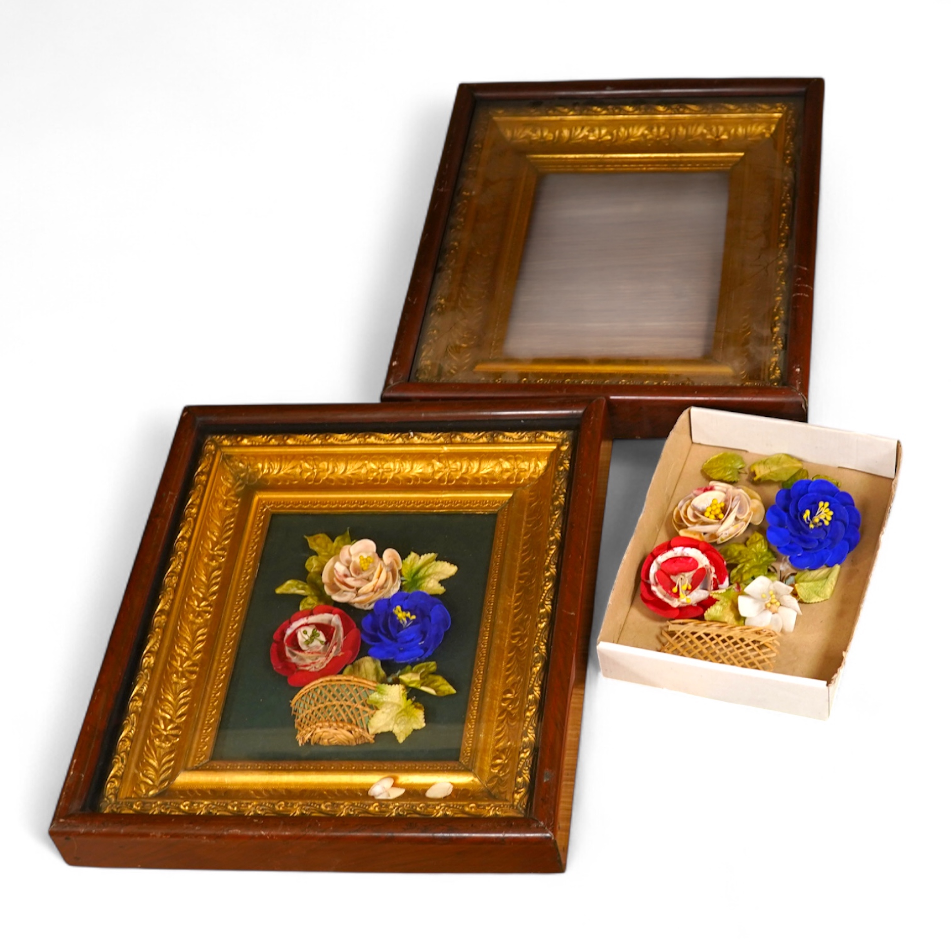 Two Victorian appliqué work floral pictures, in gilt and wood frames, one disassembled, overall 38 x 33cm